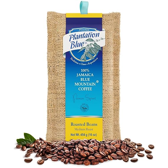 Plantation Blue 100% Jamaica Blue Mountain Coffee Medium Roasted Whole Beans (16oz)