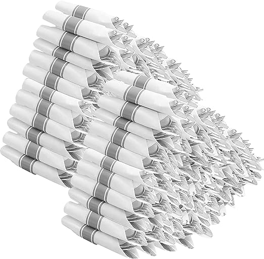 Pre Rolled Napkin with Silver Plastic Cutlery Set - 100 Pack Silver Plastic Silverware Cutlery Set, Premium Rolled Cutlery Set Includes: 100 Forks, 100 Knives, 100 Spoons, 100 Napkins for Wedding