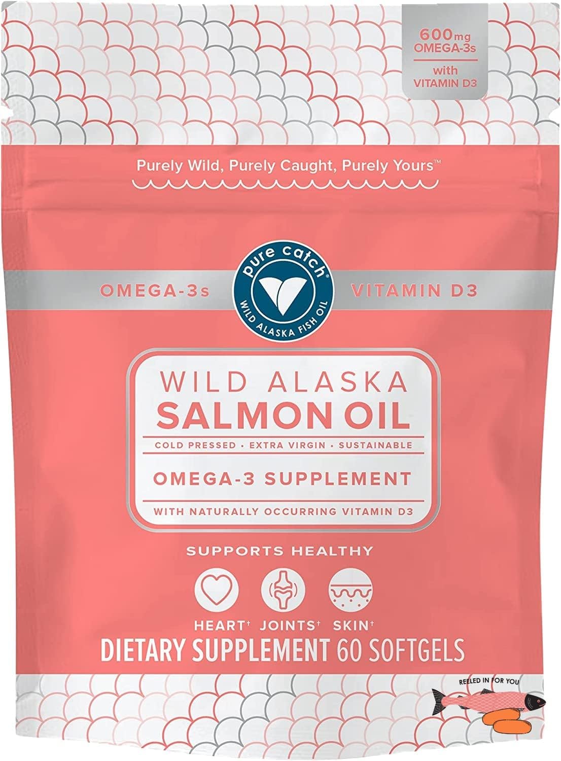 Trident Pure Catch Wild Alaska Salmon Oil Supplement - (60 Count Soft Gels) - Contains Vitamin D3, EPA & DHA Omega-3 Fatty Acids, Supports a Healthy Heart, Joints and Skin, Refreshing Citrus