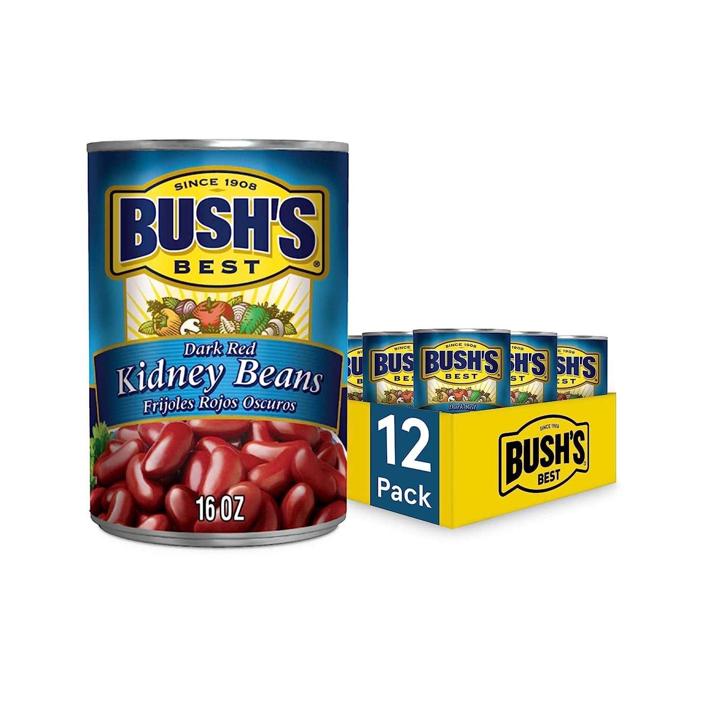 Bush's Best Canned Dark Red Kidney Beans, Source of Plant Based Protein and Fiber, Low Fat, Gluten Free, 16 oz (Pack of 12)