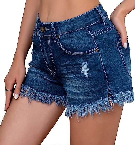 IWOLLENCE Denim Shorts Women Frayed Hem Stretchy Jeans Shorts for Women Casual Summer Mid Rise Distressed Shorts with Pockets