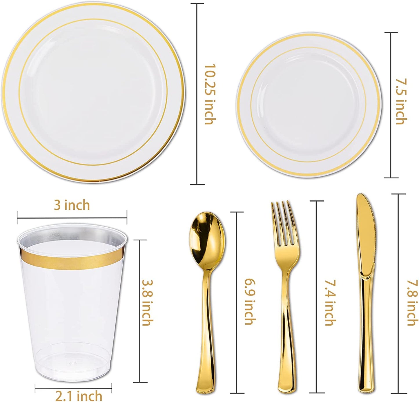 N9R 150PCS Gold Plastic Plates with Plastic Cutlery Set and Cups, Disposable Silverware include 25 Dinner Plates, 25 Dessert Plates, 25 Forks, 25 Knives, 25 Spoons, 25 Cups for Party and Wedding
