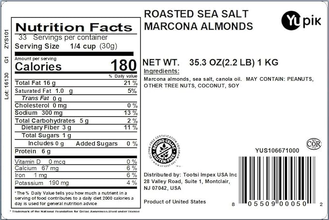 Yupik Nuts Roasted Sea Salt Marcona Almonds, 2.2 lb