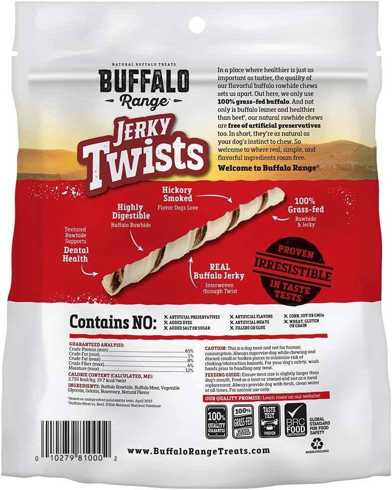 Buffalo Range Rawhide Dog Treats | Healthy, Grass-Fed Buffalo Jerky Raw Hide Chews | Hickory Smoked Flavor | Jerky Twist, 40 Count