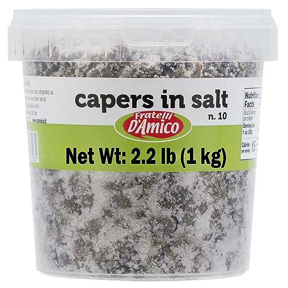 Capers in Salt, Size #10, Net wt. 35.3oz (1000g), Italian Salted Capers, Caperi, NON-GMO, Fratelli D'Amico, Product of Italy.