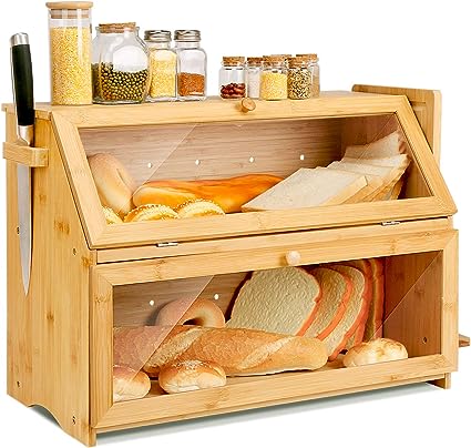 HOMEKOKO Double Extra Large Bread Box, Two-layer Extra Large Oversized Bread Box for Kitchen Counter, Wooden Large Capacity Bread Storage Bin with Cutting Board (Natural Bamboo)