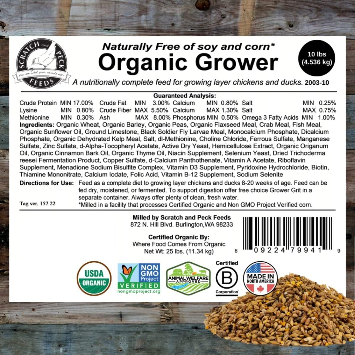 Scratch and Peck Feeds Organic Grower Mash Chicken Feed - 10-lbs - 17% Protein, Non-GMO Project Verified, Naturally Free Chicken Food