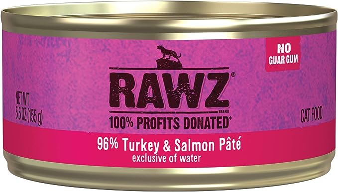 Rawz Natural Premium Pate Canned Cat Wet Food - Made with Real Meat Ingredients No BPA or Gums - 5.5oz Cans 24 Count (Turkey & Salmon)