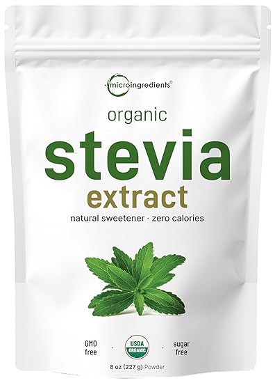 Pure Organic Stevia Powder, 8 Ounces, 1418 Serving, High Grade Stevia Green Leaf Extract Reb-A, Reduced Bitter Aftertaste, 0 Calorie, Natural Sweetener, Sugar Alternative, Keto Friendly