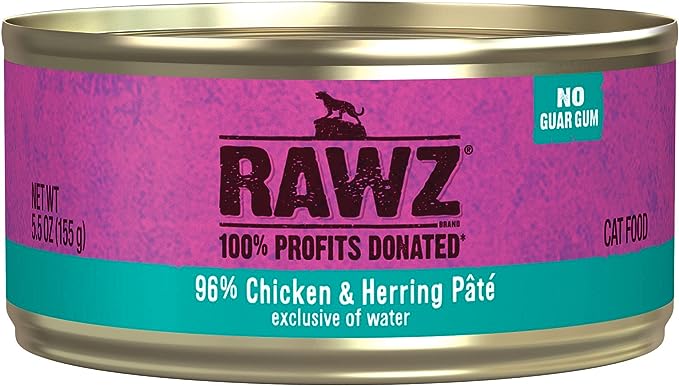Rawz Natural Premium Pate Canned Cat Wet Food - Made with Real Meat Ingredients No BPA or Gums - 5.5oz Cans 24 Count (Chicken & Herring)