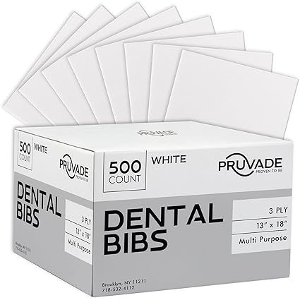 Pruvade Dental Bibs - 500 Pack Adult Disposable Bibs for Dentist, Eating, Tattooing - 13" x 18" 3-Ply Waterproof Medical Sheets for Piercing, Tattoo Table Station, Nail Techs, Patient Hygiene - White