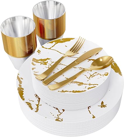 JOLLY PARTY 180PCS Disposable Dinnerware Set 30 Guest, 60 White and Gold Plastic Plates, 30 Plastic Silverware, 30 Plastic Cups, Marble Design Dinnerware for Wedding and Parties