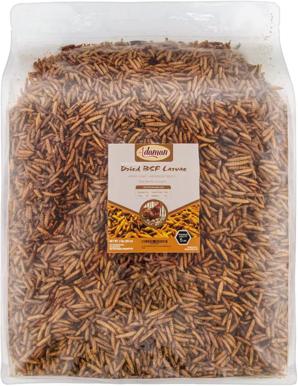 food Adaman Dried Black Soldier Fly Larvae 5 LBS-100% Natural Non-GMO BSF Larvae-More Calcium Than Dried Mealworms High-Protein Chickens Treats, Food for Birds, Ducks, Repitle, Hedgehog, Bearded Dragon