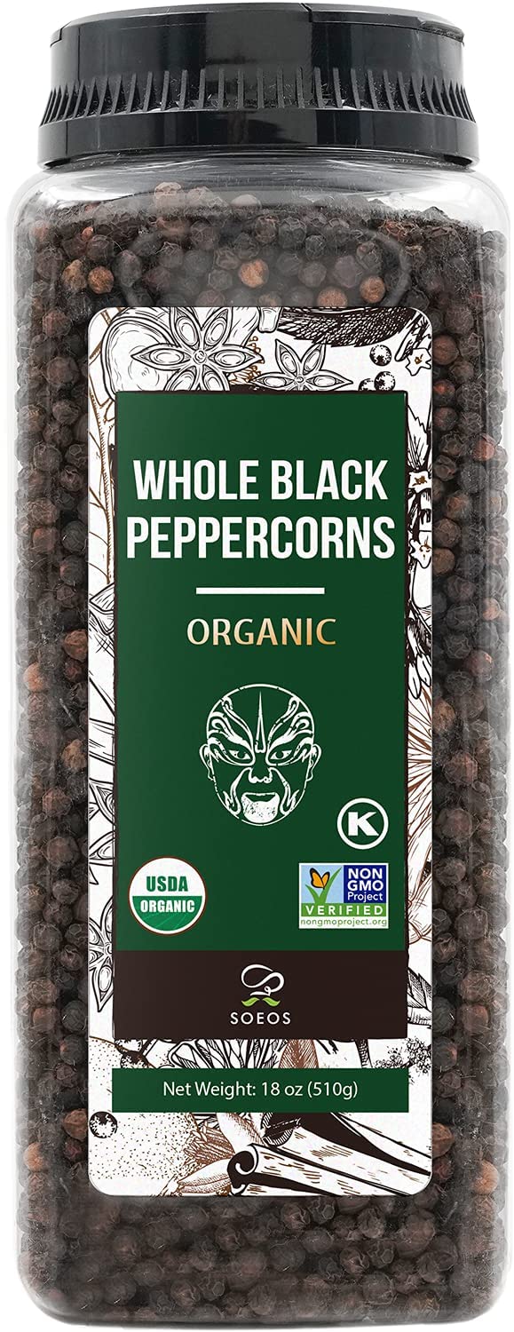 Soeos Organic Peppercorns, 18oz (Pack of 1), Non-GMO, Kosher, Black Peppercorns Whole, Packed to Keep Peppers Fresh, Peppercorn for Grinder Refill