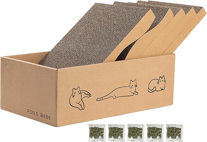 Poils bebe 5 PCS Cat Scratcher with Box, Reversible Cat Scratchers for Indoor Cats, Cardboard Cat Scratcher with Catnip, 2 Curved and 3 Flat Boards for Scratching Bed
