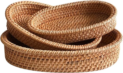 ZEAYEA Set of 3 Rattan Bread Baskets, Natural Handmade Woven Fruit Baskets for kitchen Pantry, Stackable Oval Wicker Bread Basket Tray for Vegetables Serving Food Storage, 8 Inch, 9 Inch, 10 Inch
