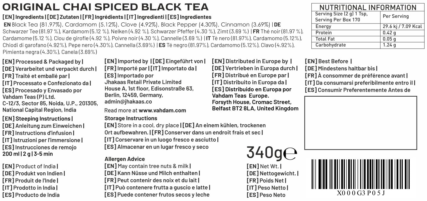 VAHDAM, India's Original Masala Chai Tea Loose Leaf 170+ Cups (340g/12oz) Real ingredients - Black Tea, Cinnamon, Cardamom, Cloves & Black Pepper - Vacuum Sealed Pack