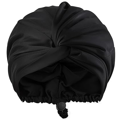 Adjustable Satin Silk Sleeping Bonnet: Curly Hair Braid Wrap Night Cap Tie Elastic Drawstring Band for Women Men - Black