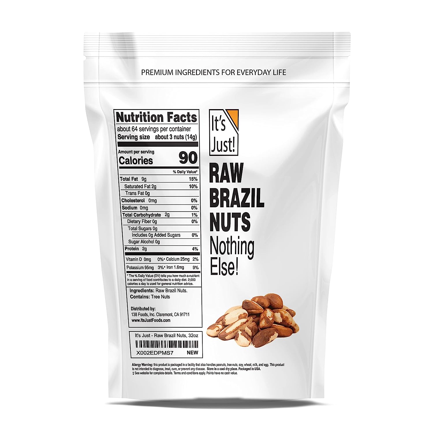 It's Just - Raw Brazil Nuts, 2lb (32oz), Unsalted, Non-GMO, Keto Friendly, Vegan, No PPO, Large, Premium, Freshly Packaged in USA (32 Ounces)