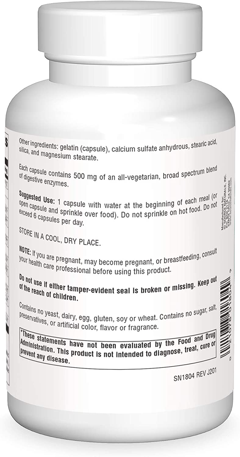 Source Naturals Essential Enzymes 500mg Bio-Aligned Multiple Enzyme Supplement Herbal Defense for Digestion, Gas, Constipation & Bloating Relief - Supports A Strong Immune System - 360 Capsules