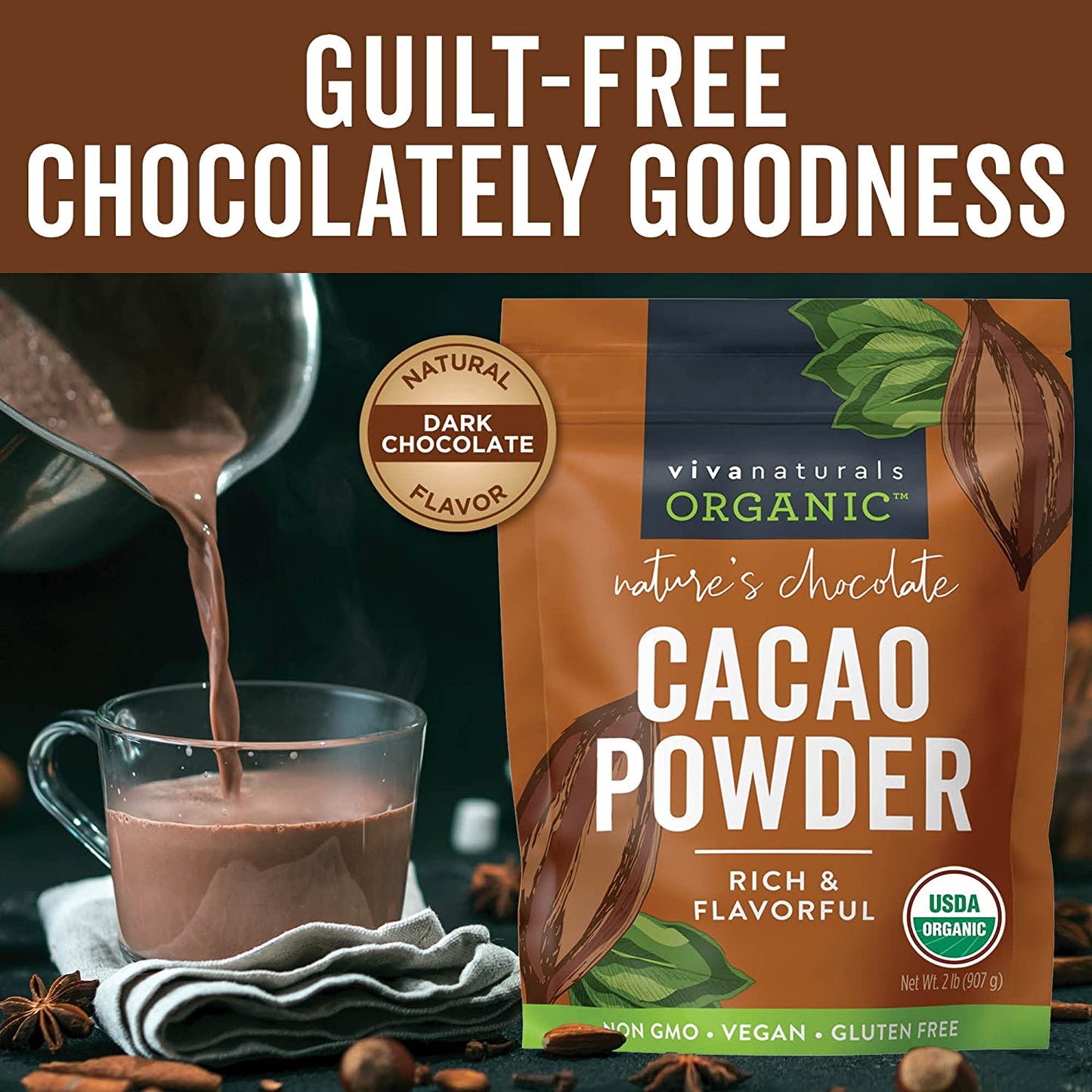 Organic Cacao Powder, 2lb - Unsweetened Cocoa Powder With Rich Dark Chocolate Flavor, Perfect for Baking & Smoothies, Non-GMO, Certified Vegan & Gluten-Free, 907 g