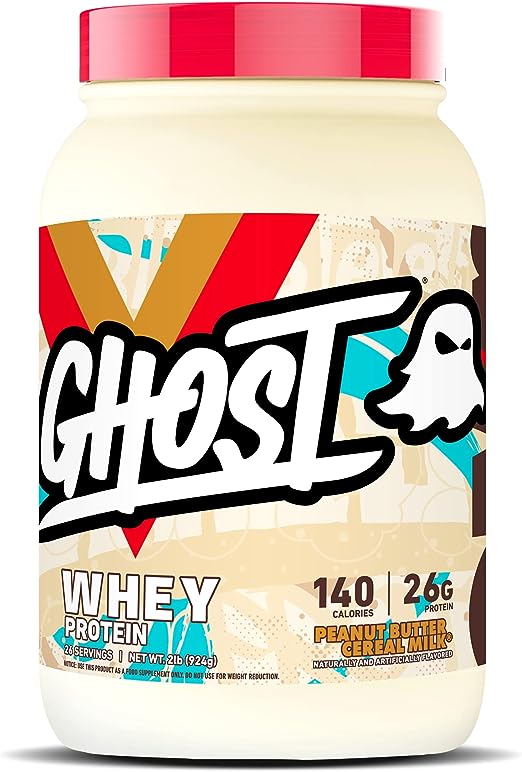 GHOST WHEY Protein Powder, Peanut Butter Cereal Milk - 2lb, 26g of Protein - Whey Protein Blend - ­Post Workout Fitness & Nutrition Shakes, Smoothies, Baking & Cooking - Soy & Gluten-Free