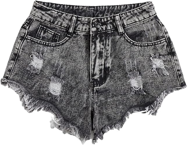 denim Floerns Women's Casual Ripped Raw Hem Asymmetrical Denim Shorts with Pocket