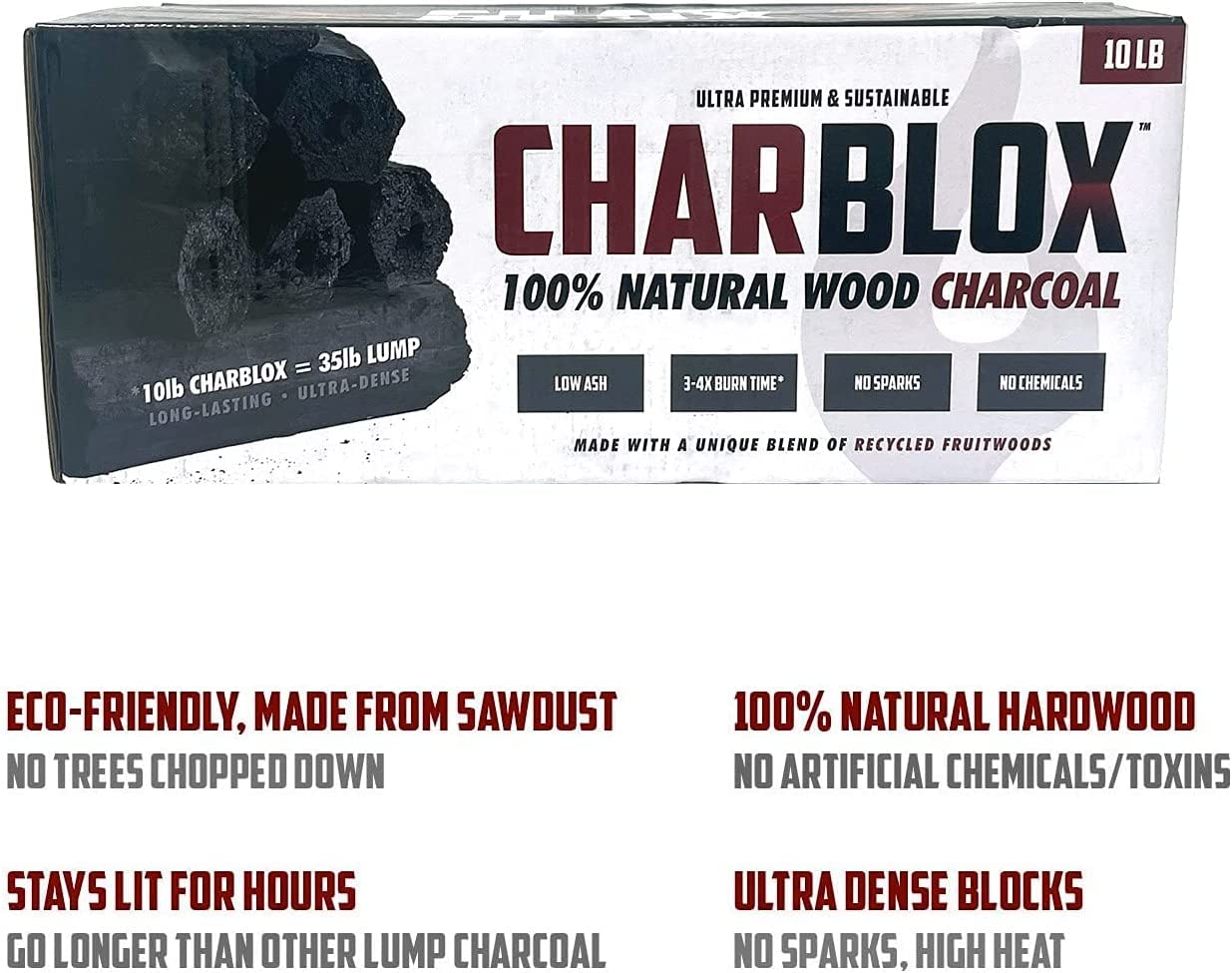 CHARBLOX Ultra Premium Grilling Charcoal Logs - 100% Natural, Lasts 5 Hours, Sustainable, for Grilling/BBQ/Smoker/Big Green Egg/Kamado/Ceramic Grill/Weber/Yakitori, Thai/Binchotan Alternative (10LB)