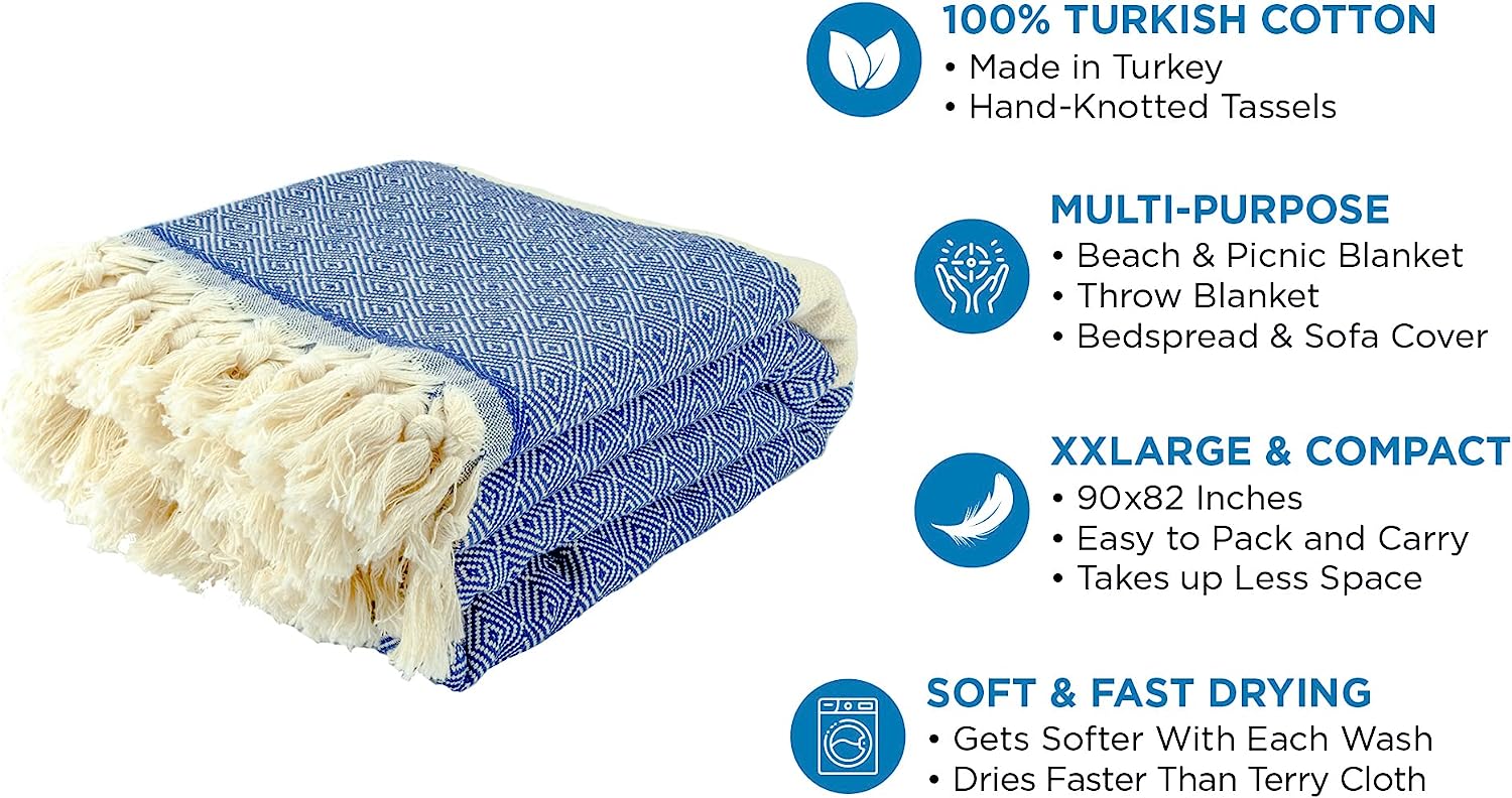 DEMMEX 90x82 Inches XXXL Turkish Cotton Multipurpose Blanket, Throw Blanket Bedspread, Beach Picnic Blanket, 100% Turkish Cotton, Diamond Weave, Made in Turkey, 3lb (Navy Blue)