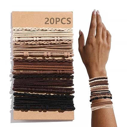 20 PCS Hair Ties for Women, 5 Neutral Colors Boho Hair Ties for Thick or Thin Hair, 4 Styles Hair Ties for Ponytail Holders, 2.36’’ Cute Hair Bands Bracelets for Girls, No Damage Brown Hair Ties