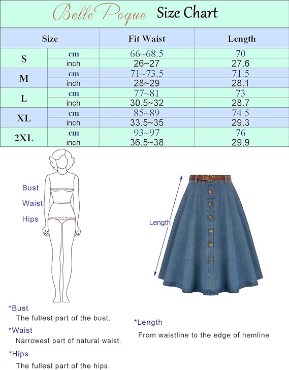 denim Belle Poque Women's Vintage Stretch High Waist A-Line Flared Midi Skirts with Pockets & Belts