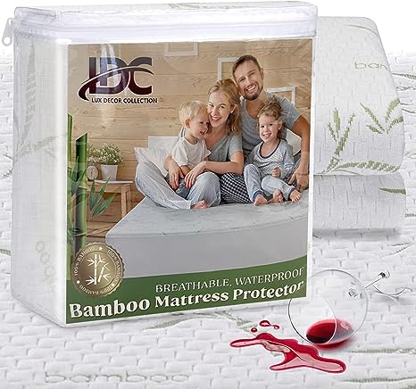 LDC Lux Decor Collection Bamboo Mattress Protector - Water Proof Mattress Cover for King Size Bed- Up to 16 Inches Fitted Deep Pocket King Bed Mattress Protector- Comfortable & Breathable Protector