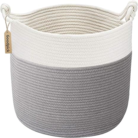 Goodpick Cotton Rope Basket with Handle for Baby Laundry Basket Toy Storage Blanket Storage Nursery Basket Soft Storage Bins-Woven Basket, 15'' × 15'' × 14.2'' Grey