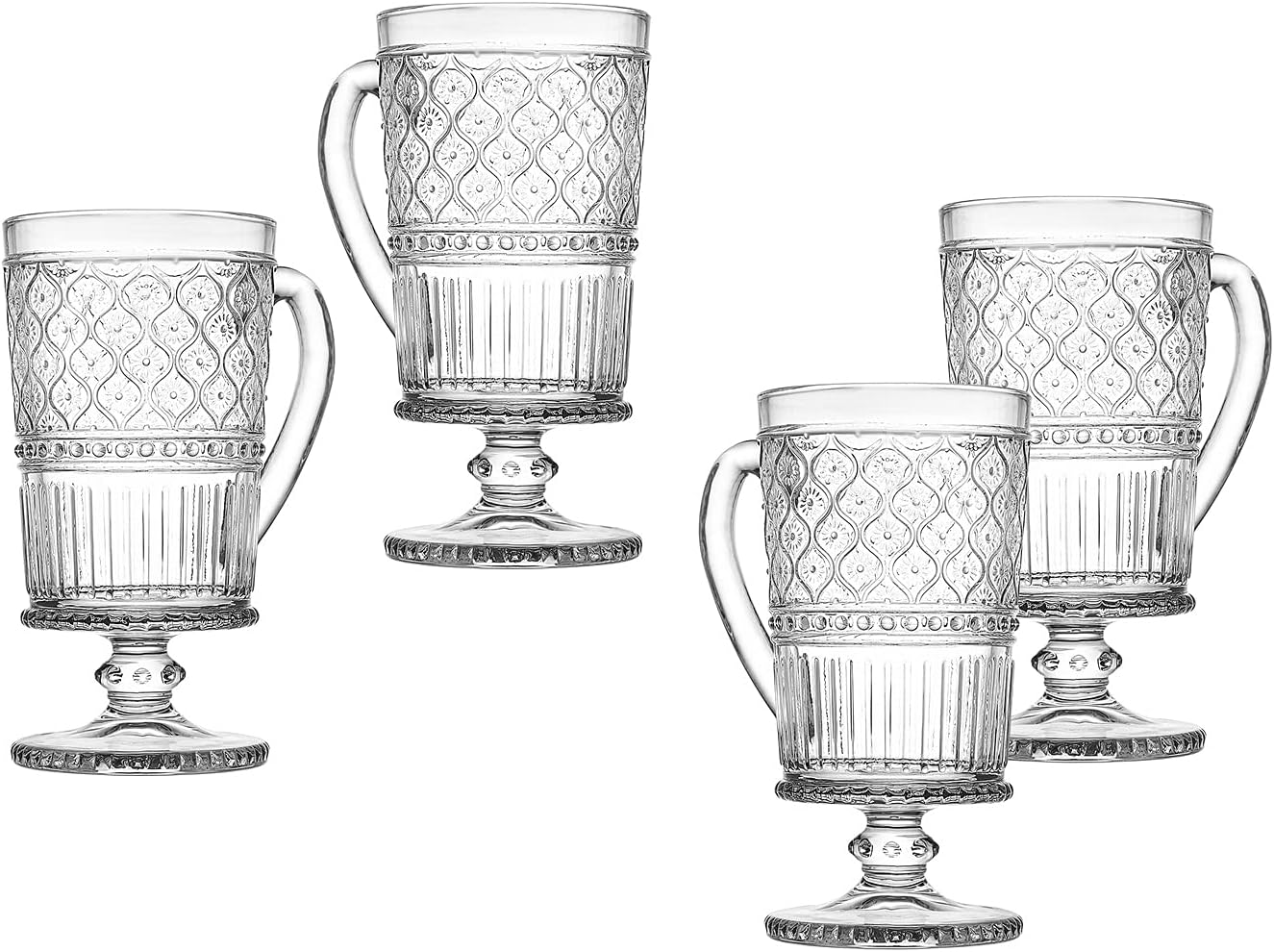 Godinger Footed Crystal Mugs Hot Beverages Drinking Cups - Clear Claro Set of 4