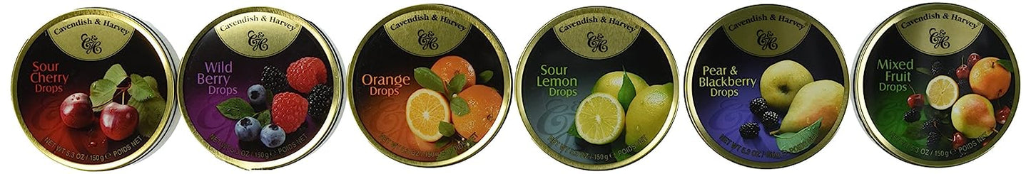 Cavendish & Harvey | Variety Flavor Hard Candy Drops | Sour Cherry, Wild Berry, Orange, Sour Lemon, Pear & Blackberry, Mixed Fruit | 5.3 Ounce Tins - 6 Pack