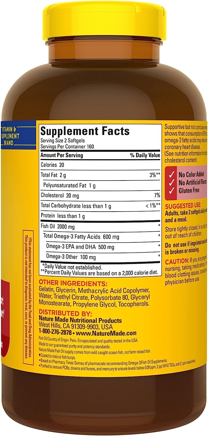 Nature Made Burp Less Fish Oil 1000 mg Softgels, Omega 3 Fish Oil for Healthy Heart Support, Omega 3 Supplement with 320 Count(Pack of 1)