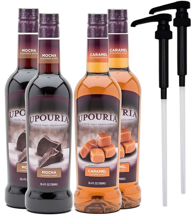 syrup Upouria Caramel & Mocha Coffee Syrup Flavoring, 2 of each Flavor, 100% Vegan, Gluten-Free, Kosher, 750 mL Bottles (Pack of 4) with 2 Coffee Syrup Pumps
