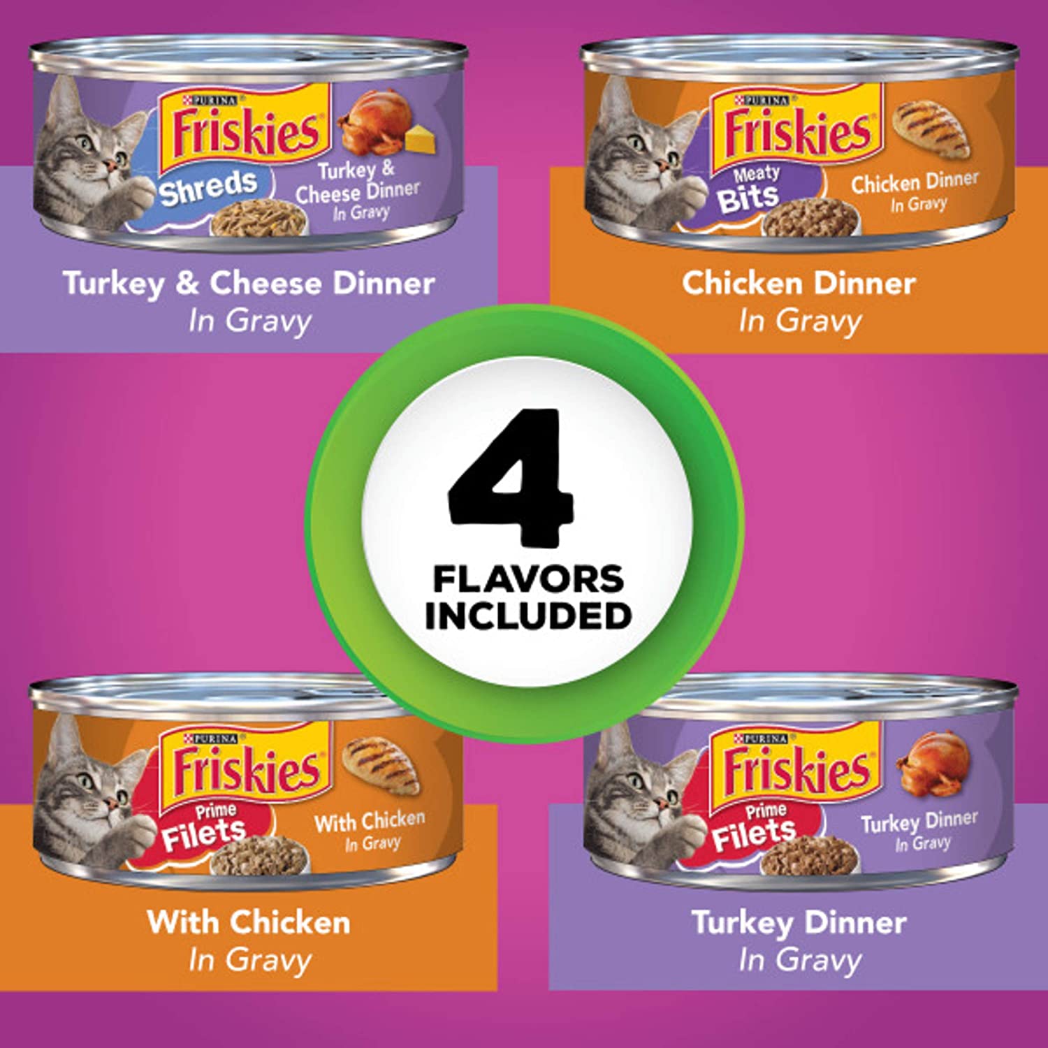 Purina Friskies Gravy Wet Cat Food Variety Pack, Poultry Shreds, Meaty Bits & Prime Filets - (32) 5.5 oz. Cans