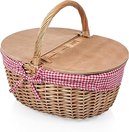 PICNIC TIME - Country Vintage Picnic Basket with Lid - Wicker Picnic Basket for 2, (Red & White Gingham Pattern)