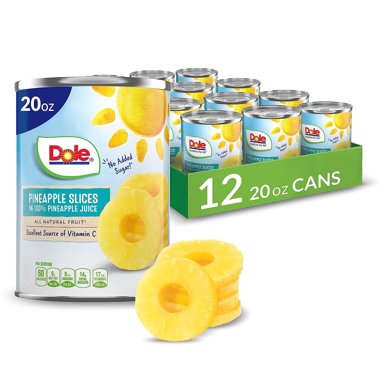 Dole Canned Fruit, Pineapple Slices in 100% Pineapple Juice*, Gluten Free, Pantry Staples, 20 Oz, 12 Count