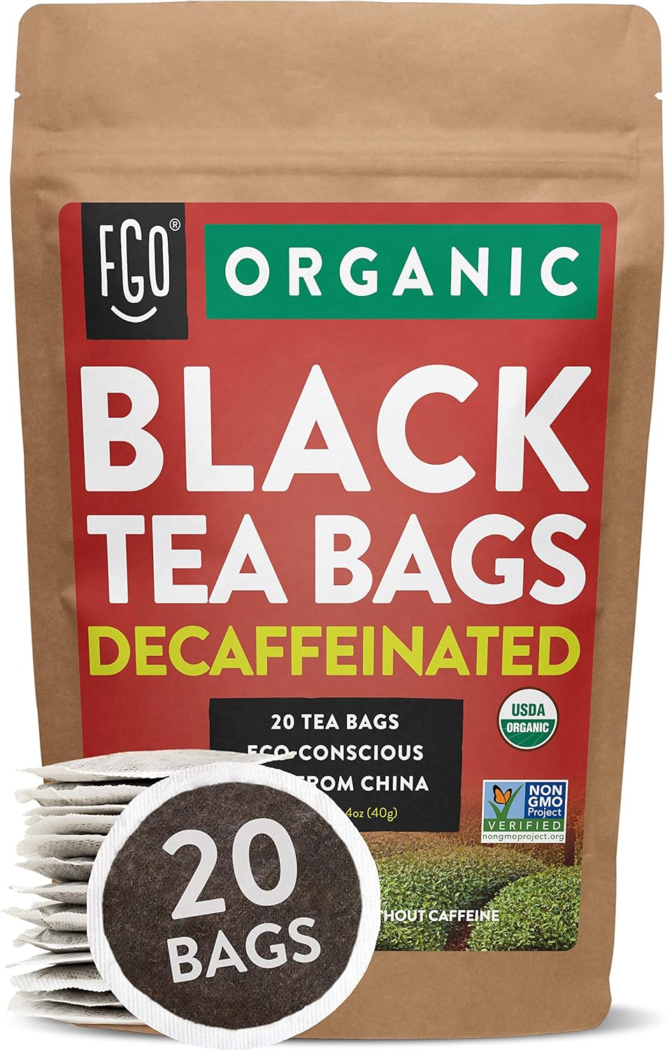 FGO Organic Black Decaf Tea, Eco-Conscious Tea Bags, 20 Count