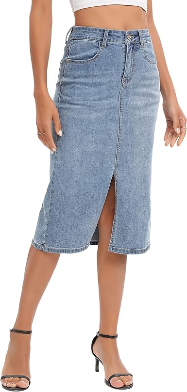 denim ETTELO Midi Denim Skirt High Waisted Slit Casual Stretch Knee Length Jean Skirt for Women