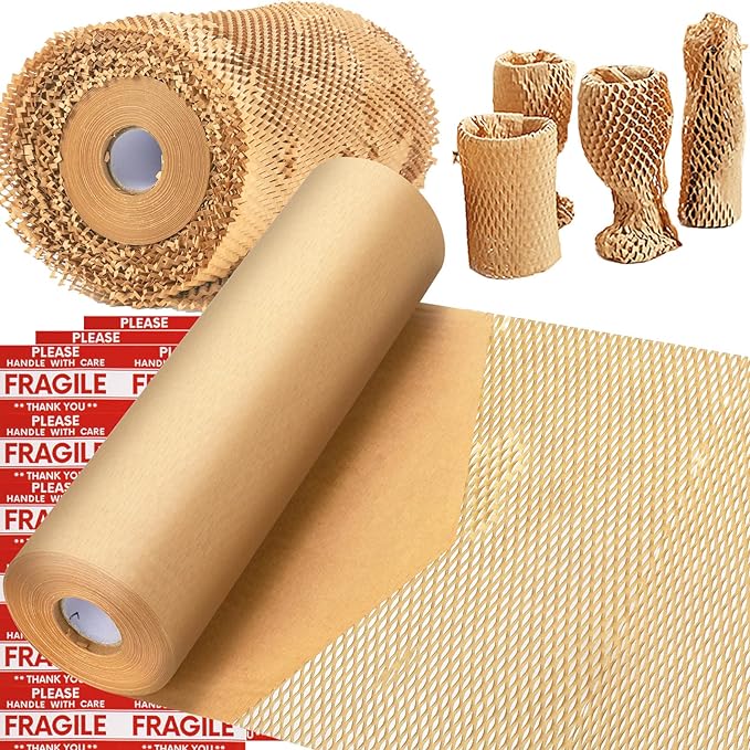 MINHAO Honeycomb Packing Paper, 15" x400' Eco Friendly Packing Paper for Moving Recyclable Honeycomb Paper Moving Supplies Bubble Paper Wrapping Protective Roll, With 36 Fragile Sticker Labels