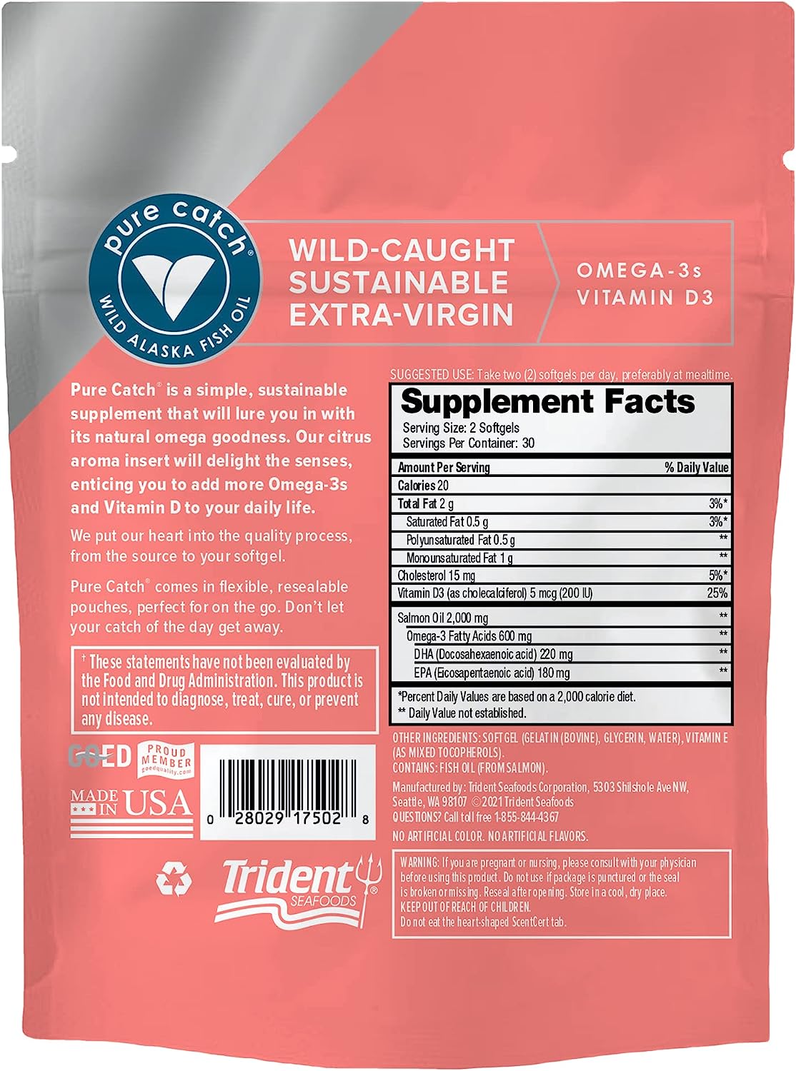 Trident Pure Catch Wild Alaska Salmon Oil Supplement - (60 Count Soft Gels) - Contains Vitamin D3, EPA & DHA Omega-3 Fatty Acids, Supports a Healthy Heart, Joints and Skin, Refreshing Citrus