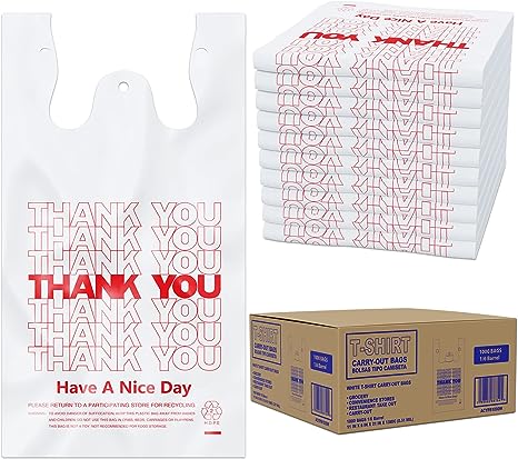 ACYPAPER, Thank You T-Shirt Bags (1000 Count), Plastic - T-Shirt Plastic Bags in Bulk - (11" x 6" x 21") White/Thank You - Bulk Shopping Bags, Restaurant Bag - 1/6 Barrel