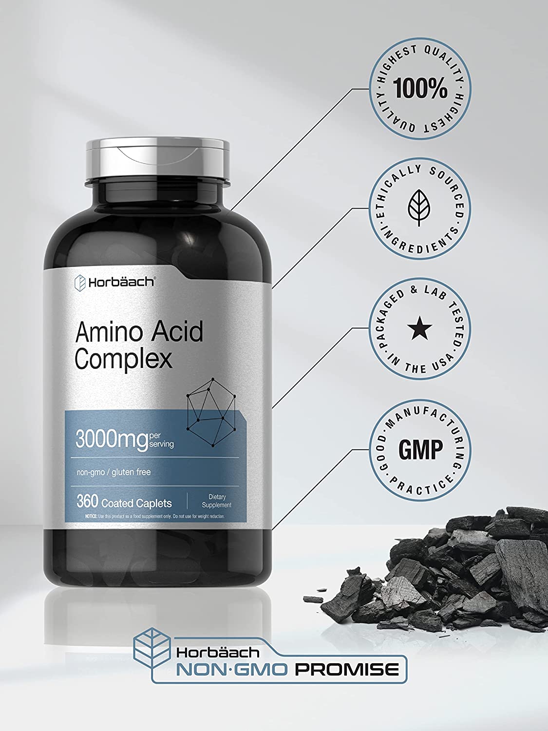 Amino Acid Complex 3000mg | 360 Caplets | Non-GMO, Gluten Free Amino Acids Supplement | by Horbaach