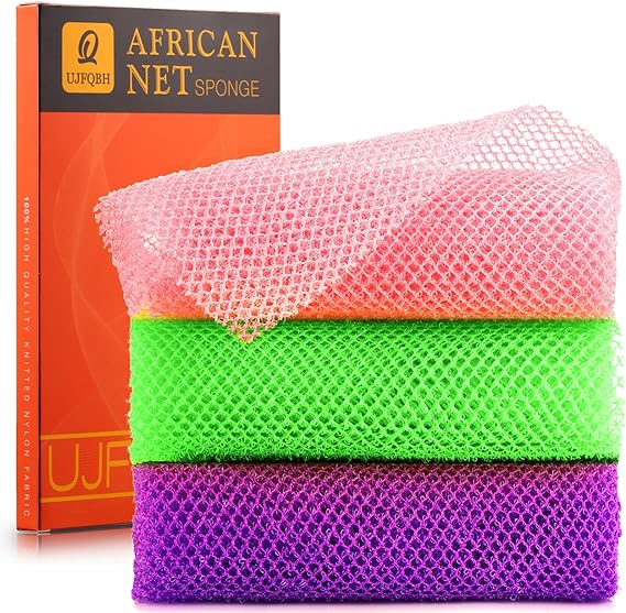 UJFQBH 3 Pieces African Bath Sponge African Net Long Net Bath Sponge Exfoliating Shower Body Scrubber Back Scrubber Skin Smoother,Great for Daily Use (Purple， Pink，Green)