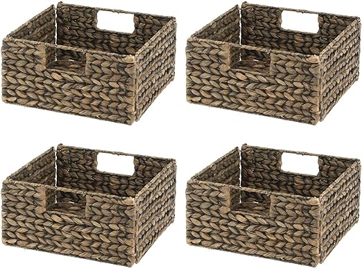mDesign Woven Hyacinth Storage Bin Basket Organizer with Handles for Organizing Closet, Laundry, Home Office, Nursery, Kitchen, Bathroom Shelf - Holds Towels, Blankets, Books, 4 Pack - Brown Wash