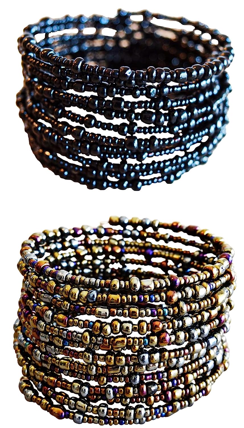 HANDMADE from AFRICA - SET OF 2 HANDMADE Bead Wrap Bracelets - made of 10 wire loops each - Unique African Jewelry - Handmade in Kenya - Metallic|Bronze|Eggplant Purple|Berry Blue, Black, KB50