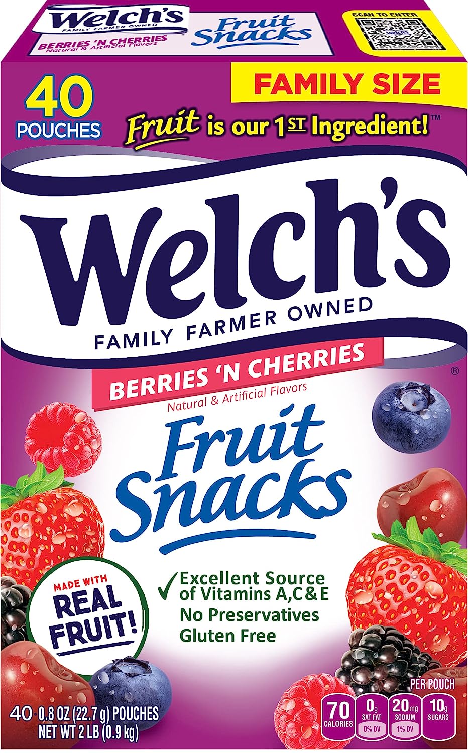 Welch's Fruit Snacks, Berries 'N Cherries, Gluten Free, Bulk Pack,Individual Single Serve Bags, 0.8 oz (Pack of 40)